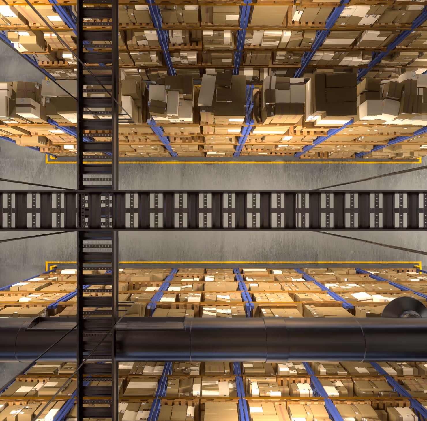 Top-down view of a large warehouse aisle with tall metal shelves filled with cardboard boxes and a conveyor belt crossing the aisle.
